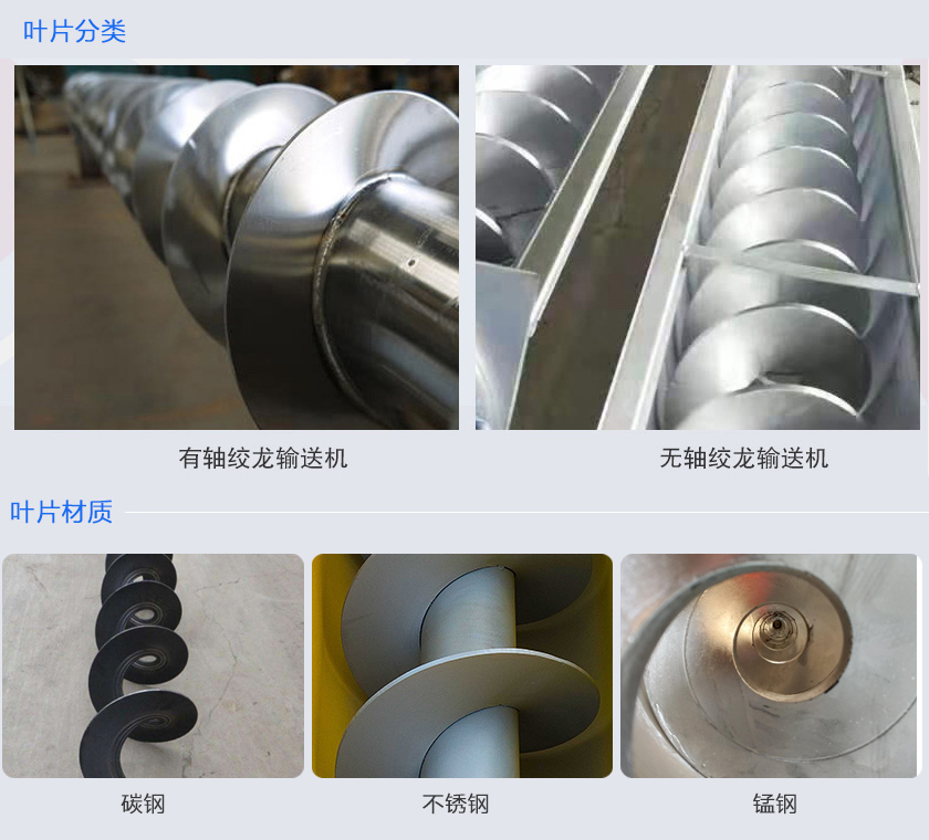 絞龍輸送機分為有軸和無軸絞龍輸送機，可根據(jù)物料不同選擇有碳鋼、不銹鋼、錳鋼等材質。